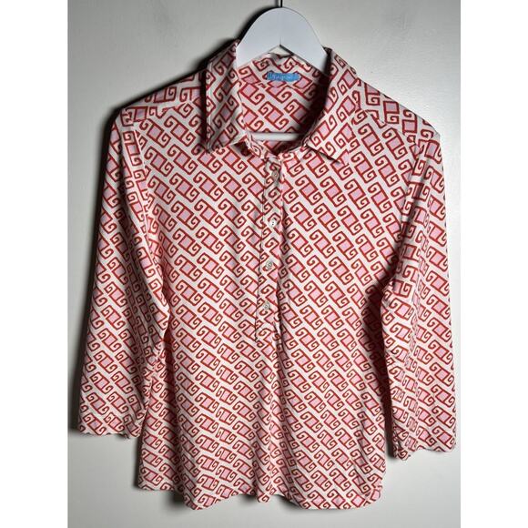 J McLaughlin Large Catalina Cloth Pink Geometric Swirl Collared 3/4 Sleeve Shirt - Picture 1 of 9